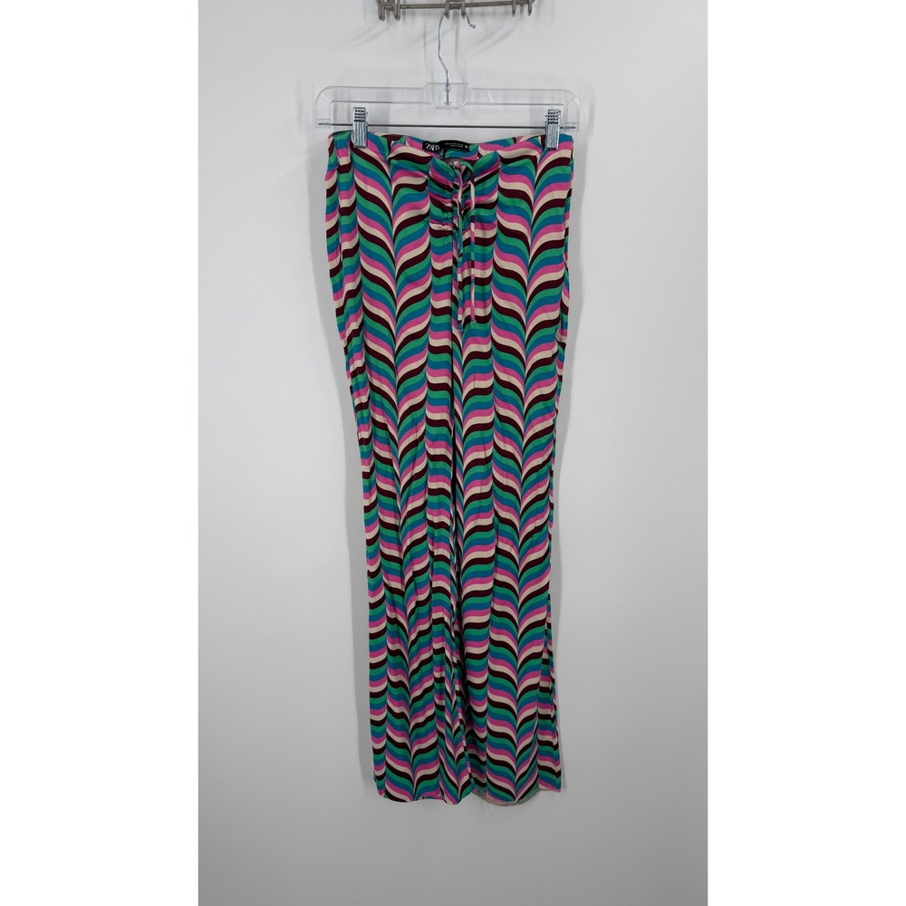 Zara Wide Leg Pants Women Medium Multicolor Psychedelic Wave Print Ruched Front